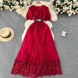 6 colors boho style elegant short sleeve lace trim pleated dress wholesale 2023 bulk dresses