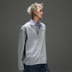 Chemise à manches longues pour homme, style deux-pièces, rayée, patchwork, col rabattu américain, en laine, tendance, design haut de gamme, pour l'hiver - Product Image 1