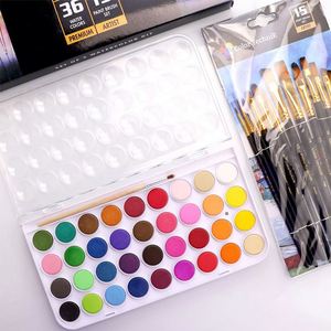 In Stock Fast Shipping 36 Water Color Art Painting Set for <b>Creativity</b> and Relaxation with 15 Nylon Paint Brushes - Product Image 2