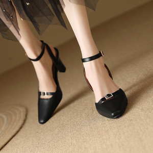 Sandali con <span class=keywords><strong>tacco</strong></span> Xuanhui in pelle nera opaca da <span class=keywords><strong>donna</strong></span>, <span class=keywords><strong>a</strong></span> punta, con <span class=keywords><strong>tacco</strong></span> largo <span class=keywords><strong>a</strong></span> blocco da 8,5 cm, cinturino alla caviglia e doppia fibbia, <span class=keywords><strong>scarpe</strong></span> da ufficio - Product Image 2