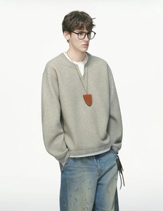 Sweat-shirt à col en <span class=keywords><strong>V</strong></span> deux pièces pour homme - Style coréen, coupe ample, décontracté, effet superposé - Product Image 1