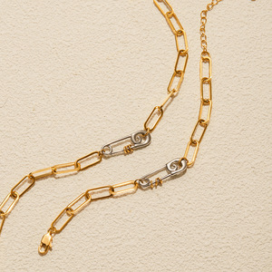 Two Tone Gold Stainless Steel Paperclip Chain Necklace <b>Bracelet</b> <b>Set</b> Unisex Fashion Jewelry - Product Image 4