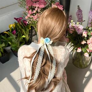 Doux jeune fille coeur canard <span class=keywords><strong>bec</strong></span> clip printemps été Super fée rose fleurs long ruban dentelle arc <span class=keywords><strong>pince</strong></span> à cheveux - Product Image 3