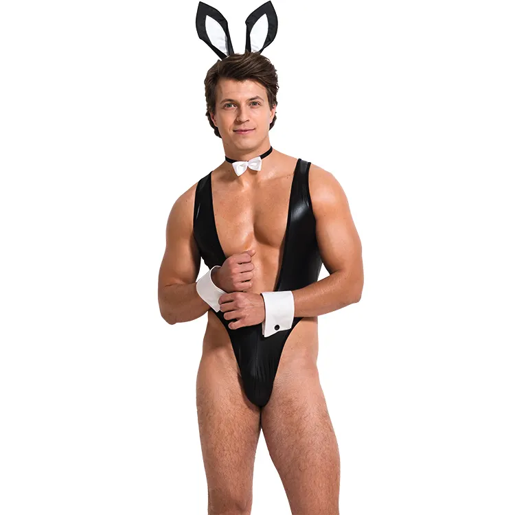 black funny factory wholesale quality polyester and elastane deep V sexy bunny mens lingerie men role play costumes