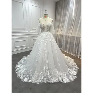 Wholesale Luxury Pregnant Ballgown Wedding Dress Modest Bridal Off Shoulder A Line White Rustic 3D Lace Applique Wedding Dresses
