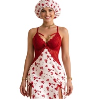 Chemise de nuit en satin rouge à imprimé floral avec dentelle et bonnet de douche, fente latérale, pour femme - B1174