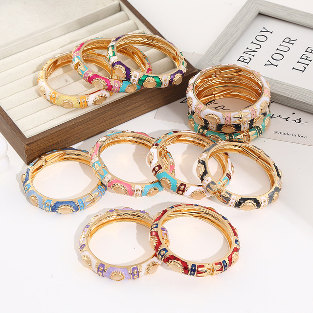 Ethnic Style Vintage Geometric Gold Plated Bangle Bracelet Women Luxury Colorful Sun Flower Chunky Enamel Bangles
