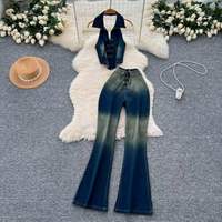 Ensemble d'été vintage 2 pièces pour femme : haut tissé uni sans manches à col halter et pantalon en jean taille haute moulant respirant