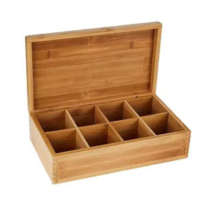 International Premium Bamboo Wood Tea Box with 8 Compartments Organizer With Cover