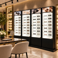 Meubles de magasin d'optique, étagères de présentation, design en MDF et verre trempé pour opticiens, vente de lunettes