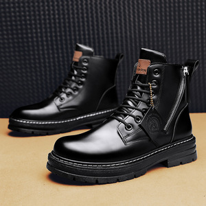 Cahrrn Men Martin Boots Ankle <b>Round</b> <b>Toe</b> Flat <b>Heel</b> Pu Lining Anti-Slippery Lace Solid Style Winter Casual Wear - Product Image 2