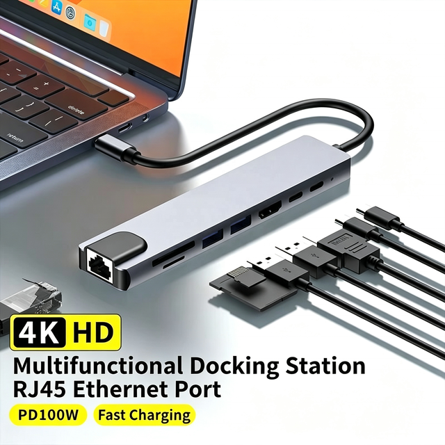 OEM 8-in-1 USB 3.0 C Aluminum Alloy Hub 4K HDTV RJ45 SD/TF Card Reader PD Adapter Docking Station for Laptop Notebook Stock