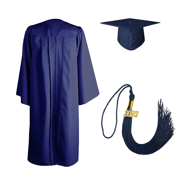 Vestido de formatura universitária azul marinho com boné americano/Reino Unido