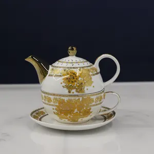 Fine New Bone Porcelain Tea For One Set Gold Garden Pattern Personal Design For Office,Home,Hotel And Individual Afternoon Tea