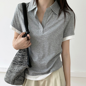 Polo en tricot pour femme, col minimaliste contrastant, <span class=keywords><strong>manches</strong></span> <span class=keywords><strong>courtes</strong></span> - Product Image 2