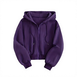 Sudadera con capucha morada gruesa de otoño-invierno con cremallera, hombros caídos, estilo crop, estampado personalizado, básica, de algodón para mujer - Product Image 1
