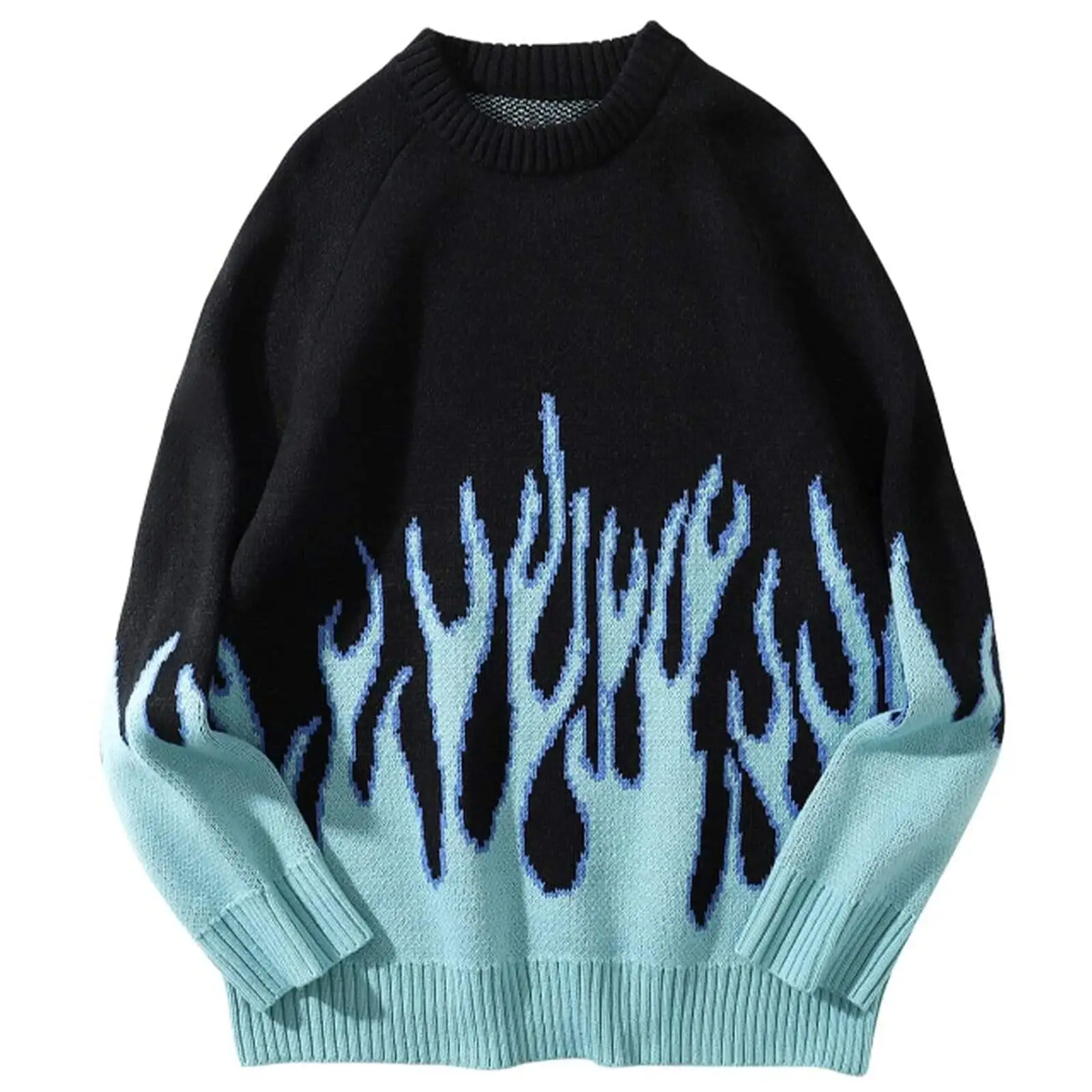 Benutzer definierte Herren bunte Patchwork übergroße Pullover Strick pullover Pullover Unisex Blue Flame Langarm Casual Sweater