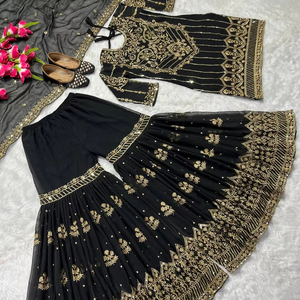 ชุดคุर्ตา ชารารา ปาลาซโซ พร้อมผ้าคลุมไหล่ แบบดั้งเดิมสไตล์บอลลีวูด สำหรับงานปาร์ตี้ ผ้าจอร์เจตต์เทียมเนื้อหนา ราคาสุดคุ้ม - Product Image 6