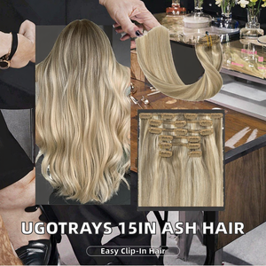 Extensiones de <span class=keywords><strong>Cabello</strong></span> con Clip UGOTRAYS, <span class=keywords><strong>Cabello</strong></span> Humano Real, 15 Pulgadas, 70g, Rubio Ceniza Mezclado con Rubio Decolorado, Liso, 7 Piezas, Doble Trama a Máquina - Product Image 2