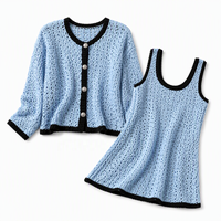 Ensemble tricoté 2 pièces pour femme : Cardigan et mini-robe color block ajouré à manches longues bleu automne