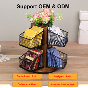 Organisateur de sachets de thé rotatif à 360° à 2 niveaux <span class=keywords><strong>en</strong></span> bois d'acacia, support pour dosettes de café avec 6 paniers <span class=keywords><strong>en</strong></span> maille amovibles pour comptoir de cuisine, bureau - Product Image 1