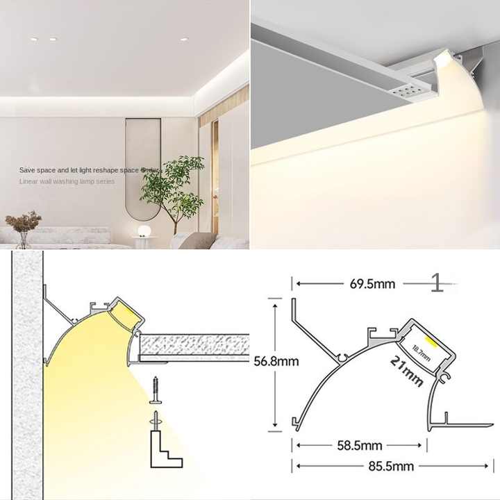 U-Shaped Concealed LED Frameless Profiles for Polarized Wall Washing Linear Light Slots in Bedroom Corridors