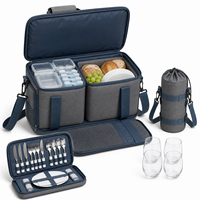 Grand sac isotherme portable en polyester gris pour pique-nique, avec boîtes à lunch, étui à couverts et porte-bouteille pour le camping en famille