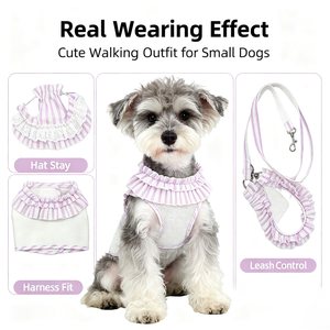 Ensemble de vêtements pour animaux de compagnie en maille rayée à volants avec harnais, chapeau et laisse, gilet respirant réglable pour la promenade des petits chiens, vêtements pour animaux - Product Image 4