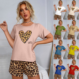 Pantaloncini da <span class=keywords><strong>donna</strong></span> estivi Casual a maniche corte t-shirt leopardata per la casa da ragazza girocollo da ragazza <span class=keywords><strong>pigiama</strong></span> Sexy - Product Image 2