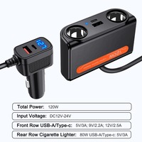 120W 4-in-1 Pemisah Colokan Pemantik Rokok Mobil DC 12V-24V Adaptor Pengisi Daya Mobil dengan 2 Soket USB-A & Port Tipe-C Pengisi Daya Mobil