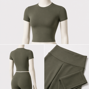 Custom Logo Mock Neck Yoga Set 2 Piece <strong>Women</strong> No Front Seam <strong>Leggings</strong> <strong>Short</strong> Sleeve Top Tummy Control Workout Naked Feel Gym Outfit - Product Image 2