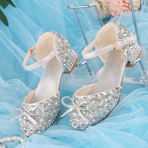 2025 nuova principessa Elsa lucido cristallo d'<span class=keywords><strong>argento</strong></span> scarpe per ragazze <span class=keywords><strong>tacchi</strong></span> alti alla moda modelli da donna per bambini sottili per la primavera - Product Image 1