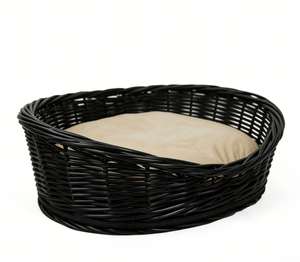 Eleganter Schwarzer Weidenkorb für Haustiere mit Weichem Kissen, Handgewebter Stilvoller Runder Katzen- und Hundeliege, Langlebig und Natürlich - Product Image 1