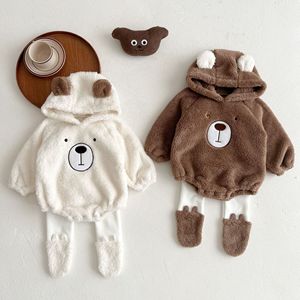Vêtements pour bébé Automne Hiver, Combinaison à capuche mignonne en forme d'ours, en polaire épaisse en polyester, pour nourrisson, double face, chaude - Product Image 3