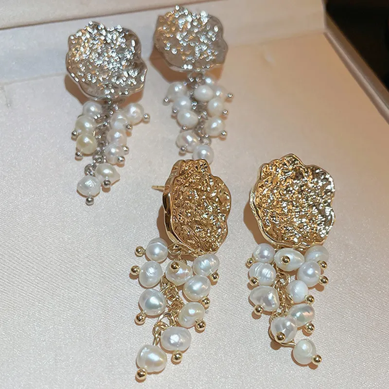 Cluster fresh water pearl earrings South Korea light luxury advanced pleated geometric earrings temperament earrings wholesale