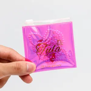 Mini pochette en plastique pour collier bagues emballage PVC holographique laser rose sac à fermeture éclair nom de marque personnalisé