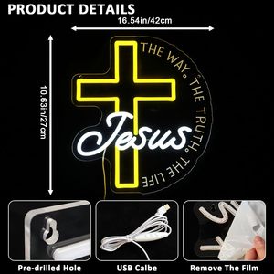 Croix néon LED « Voie de Jésus, la vérité de la vie ». Convient aux salons et aux églises. Famille. Bureau. Enseignes néon personnalisées sur le thème religieux - Product Image 3