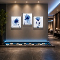 Seni Dinding Kanvas 3 Panel Berbingkai Biru Motif Bunga X-Ray, Bingkai Hitam, Peony Daffodil Poppy Cyanotype Transparan Botani