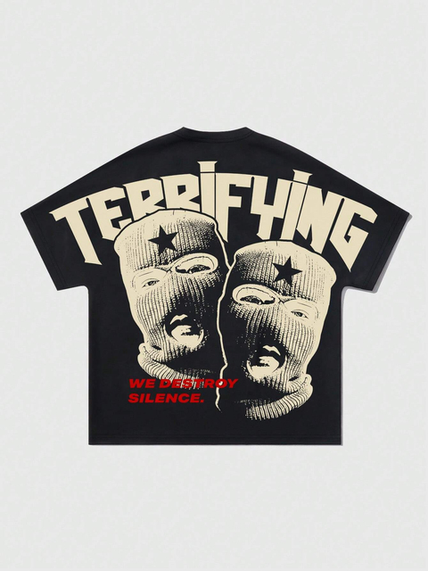 Streetwear Black Oversized t-shirt Short Sleeve Back "TERRIFYING" Ski Mask Graphic Print Breathable Summer Streetwear t-shirt