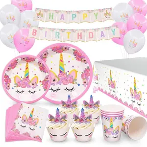Unicorn Birthday Cartoon Theme Birthday Party Disposable Tableware Set for 6 Guests Banner for Girl Birthday Party