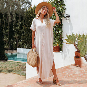 Vestido Camisero Holgado de Manga Corta para Mujer, Color Sólido, Estilo <span class=keywords><strong>Cardigan</strong></span> Largo, Vestido Informal para Vacaciones en la Playa - Product Image 5