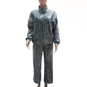 Pantalones de chándal a juego con cuello levantado de manga larga y lentejuelas de otoño para mujer, chándal de 2 piezas con patrón sólido para ropa informal de calle - Product Image 5