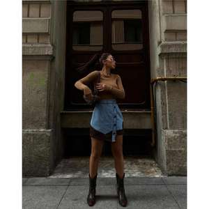 Short <b>Brown</b> <b>Denim</b> <b>Skirt</b> Vintage Asymmetric Design Button Closure Leather Trim for Casual Formal Wear for Summer Autumn Seasons - Product Image 2