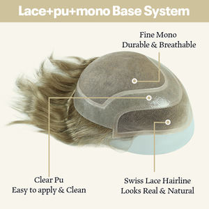 เอฟเอช # ท็อปเปอร์ผมแท้สำหรับผู้ชาย 6 ชิ้น แบบ Pu+lace+mono ทรงลอนธรรมชาติ ขนาด 8x10 นิ้ว ระบบเปลี่ยนผมหยิก - Product Image 2