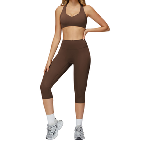 Women's Yoga Wear Fitness 2-Piece Workout Set Solid Breathable Elastic Waist Ankle-Length Pants - Product Image 1