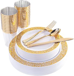 BST 10.25 inch Silverware Plastic Cups cutlery set plastic party plates disposable ,Gold Rim Dinner Plastic Plates for parties