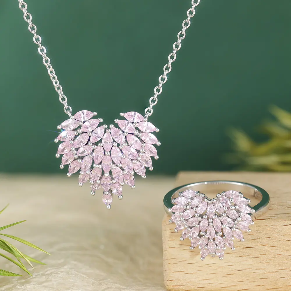 Grace Jewelry Custom OEM ODM 3D Layered Pink Stone Bride Zircon Jewelry Sets Ring Necklace for Wedding