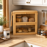Boîte à pain en bambou à 2 niveaux avec fenêtre en acrylique et porte magnétique, bac de rangement pour comptoir de cuisine, organisateur de cuisine moderne style ferme