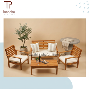 Ensemble de canapés de jardin en bois, style méditerranéen, mobilier d'extérieur avec coussins blancs, design durable pour usage en terrasse - Product Image 2