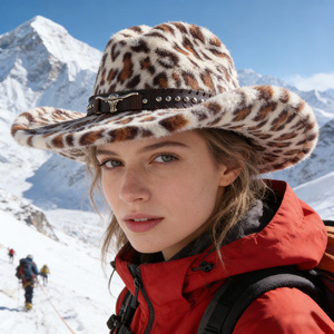 ZhenXi Leopard Print Plush Cowboy <b>Hat</b> M56-58cm With Bull Head <b>Band</b> Western Fashion <b>Hat</b> - Product Image 3